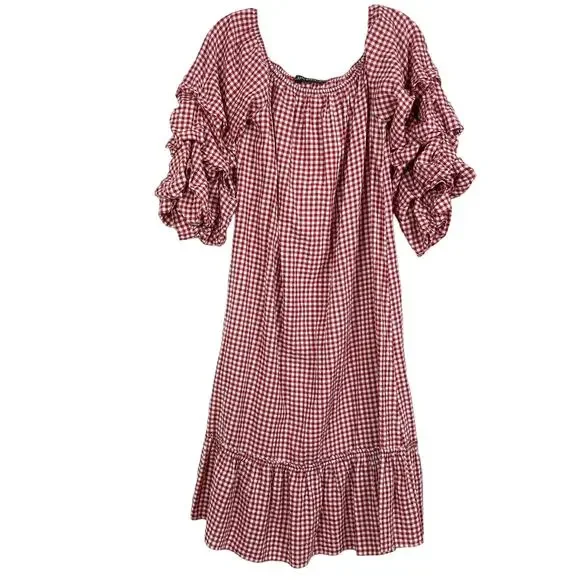 NWOT ZARA Dress M Gingham A-Line Off/On-Shoulder Ruffle Ruch Tiered Tie 3/4-Slev